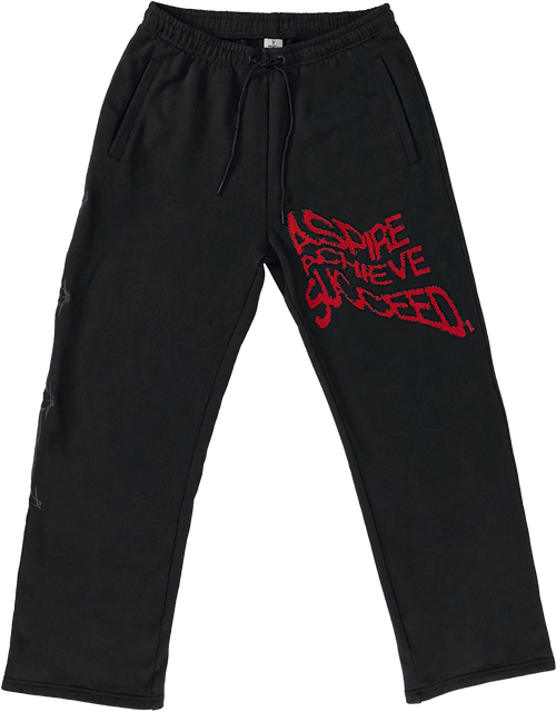 Black sweatpants with a red distressed graphic text reading 'ASPIRE ACHIEVE SUCCEED.
